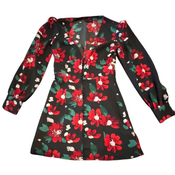 Urban Outfitters Michelle Black Red Floral Mini Dress S Black & Red - Picture 2 of 10